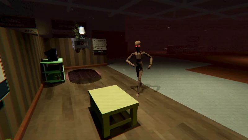 A mannequin approaches a showroom filled with levitating furniture