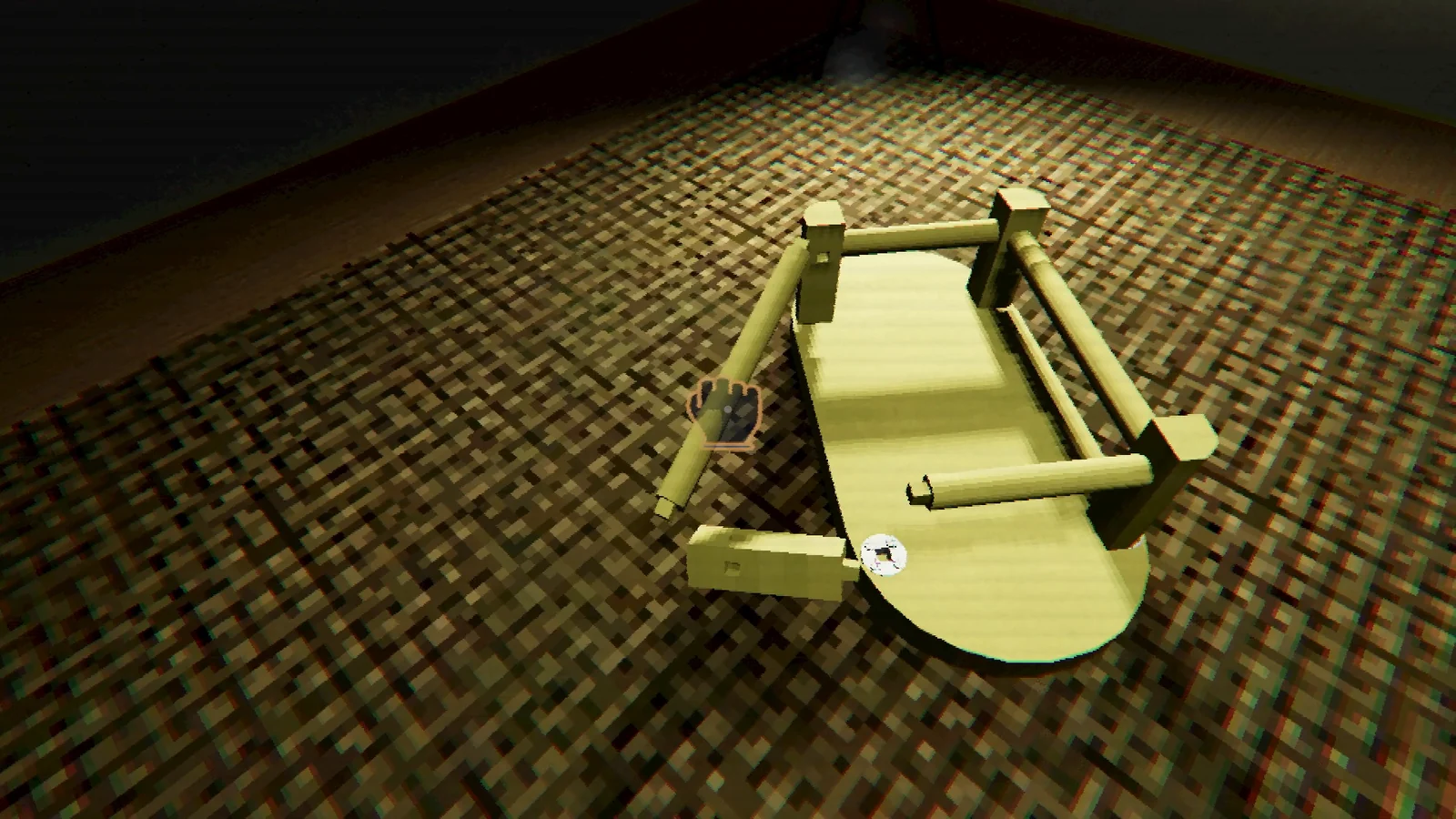 Furniture assembly in Stockroom Syndrome, with parts being fitted together in the store.