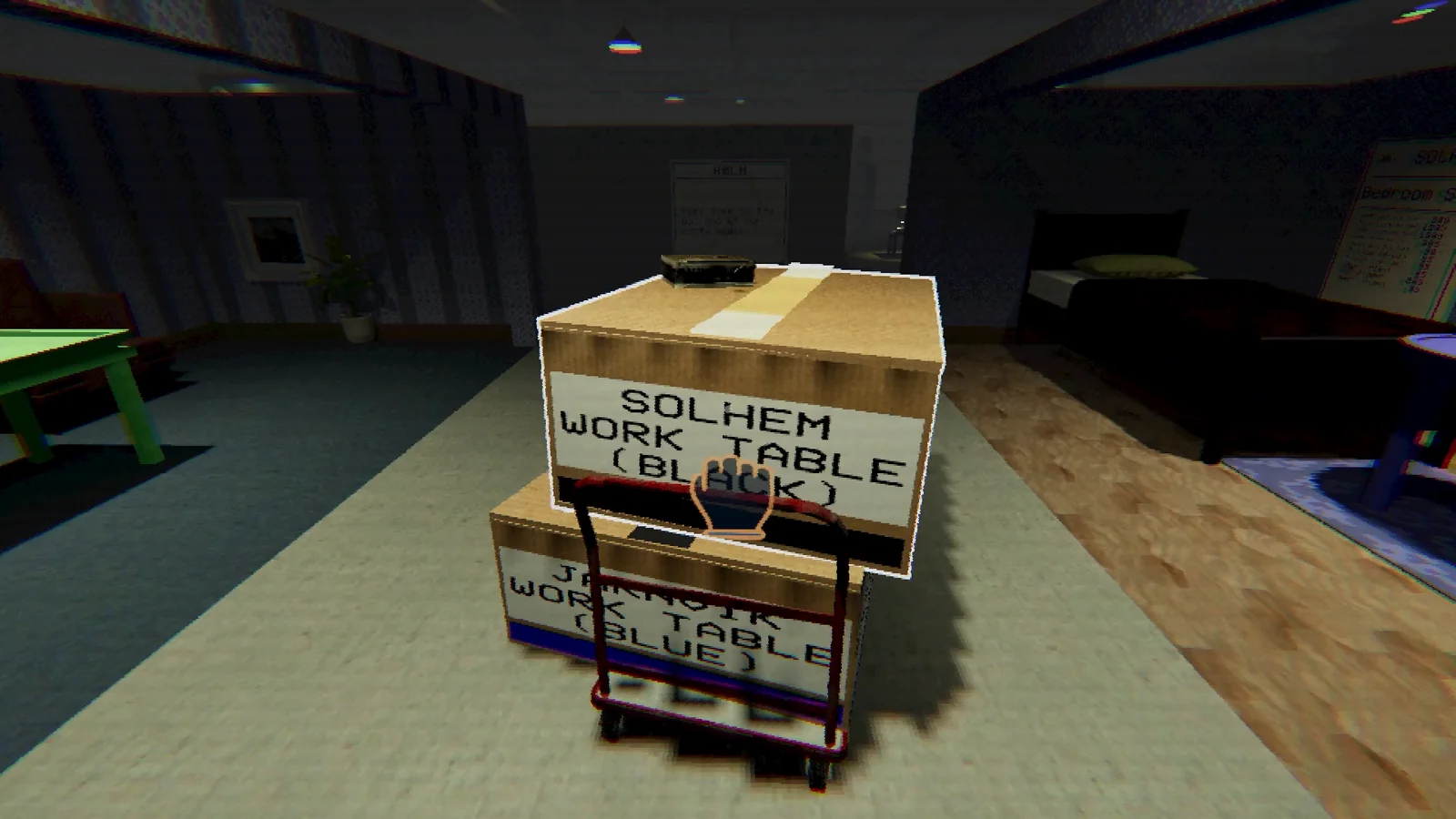 A trolley in Stockroom Syndrome's furniture store, ready for another night shift.