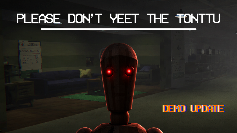 A red-eyed wooden mannequin in the dimly lit store beneath the Please Don't Yeet the Tonttu demo update title.
